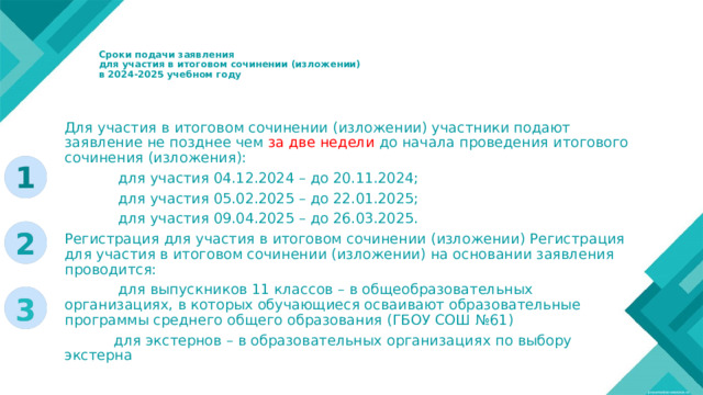   Сроки подачи заявления  для участия в итоговом сочинении (изложении)  в 2024-2025 учебном году    Для участия в итоговом сочинении (изложении) участники подают заявление не позднее чем за две недели до начала проведения итогового сочинения (изложения):  для участия 04.12.2024 – до 20.11.2024;  для участия 05.02.2025 – до 22.01.2025;  для участия 09.04.2025 – до 26.03.2025. Регистрация для участия в итоговом сочинении (изложении) Регистрация для участия в итоговом сочинении (изложении) на основании заявления проводится:  для выпускников 11 классов – в общеобразовательных организациях, в которых обучающиеся осваивают образовательные программы среднего общего образования (ГБОУ СОШ №61)  для экстернов – в образовательных организациях по выбору экстерна 1 Lorem ipsum dolor sit amet, consectetur adipiscing elit, sed do eiusmod tempor incididunt ut labore et dolore magna aliqua. Ut enim ad minim veniam, quis nostrud exercitation ullamco laboris nisi ut aliquip ex ea commodo consequat. Duis aute irure dolor in reprehenderit in voluptate velit esse cillum dolore eu fugiat nulla pariatur. 2 3 