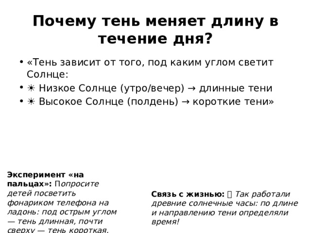 Почему тень меняет длину в течение дня? «Тень зависит от того, под каким углом светит Солнце: ☀️ Низкое Солнце (утро/вечер) → длинные тени ☀️ Высокое Солнце (полдень) → короткие тени» Эксперимент «на пальцах»: П опросите детей посветить фонариком телефона на ладонь: под острым углом — тень длинная, почти сверху — тень короткая. Связь с жизнью: 🕰️ Так работали древние солнечные часы: по длине и направлению тени определяли время! 