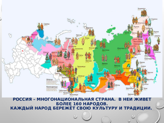  Россия – многонациональная страна. В ней живёт более 160 народов.  Каждый народ бережёт свою культуру и традиции. 