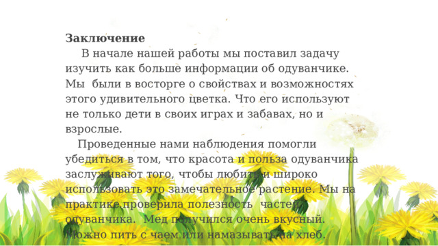 Заключение  В начале нашей работы мы поставил задачу изучить как больше информации об одуванчике. Мы были в восторге о свойствах и возможностях этого удивительного цветка. Что его используют не только дети в своих играх и забавах, но и взрослые. Проведенные нами наблюдения помогли убедиться в том, что красота и польза одуванчика заслуживают того, чтобы любить и широко использовать это замечательное растение. Мы на практике проверила полезность частей одуванчика. Мед получился очень вкусный. Можно пить с чаем или намазывать на хлеб. 