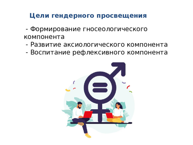 Цели гендерного просвещения  - Формирование гносеологического компонента  - Развитие аксиологического компонента  - Воспитание рефлексивного компонента 