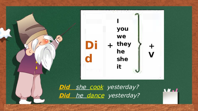 I you we they he she it Did + +V Did she cook  yesterday? Did he dance  yesterday? 