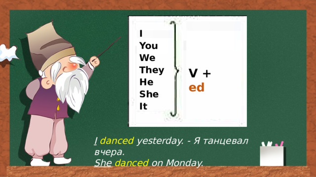 I You We They He She It V + ed I  danced yesterday. - Я танцевал вчера. She  danced on Monday. 