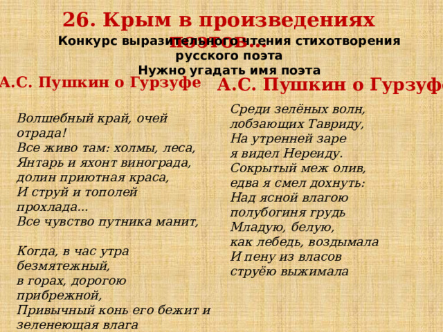 26. Крым в произведениях поэтов… Конкурс выразительного чтения стихотворения русского поэта Нужно угадать имя поэта А.С. Пушкин о Гурзуфе А.С. Пушкин о Гурзуфе  Волшебный край, очей отрада! Все живо там: холмы, леса,  Янтарь и яхонт винограда, долин приютная краса,  И струй и тополей прохлада... Все чувство путника манит,   Когда, в час утра безмятежный, в горах, дорогою прибрежной,  Привычный конь его бежит и зеленеющая влага  Пред ним и блещет и шумит вокруг утесов Аюдага.. Среди зелёных волн, лобзающих Тавриду,  На утренней заре я видел Нереиду.  Сокрытый меж олив, едва я смел дохнуть:  Над ясной влагою полубогиня грудь  Младую, белую, как лебедь, воздымала  И пену из власов струёю выжимала 