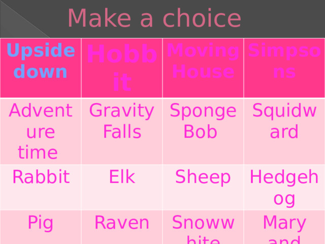 Make a choice Upside down Hobbit Adventure time Moving House Gravity Falls Rabbit Pig Simpsons Sponge Bob Elk Raven Squidward Sheep Hedgehog Snowwhite Mary and bear 