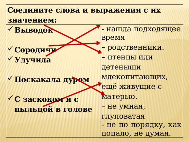 Соедините слова и выражения с их значением: Выводок - нашла подходящее время –  родственники. С ородичи Улучила – птенцы или детеныши млекопитающих, ещё живущие с матерью. Поскакала дуром – не умная, глуповатая - не по порядку, как попало, не думая. С заскоком и с пыльцой в голове 