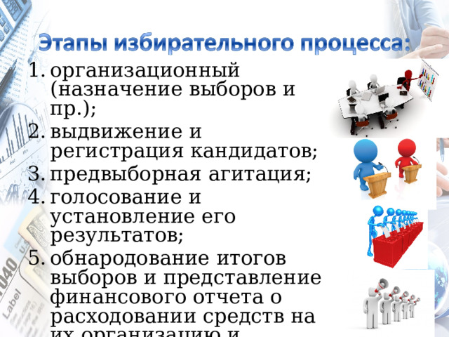 организационный (назначение выборов и пр.); выдвижение и регистрация кандидатов; предвыборная агитация; голосование и установление его результатов; обнародование итогов выборов и представление финансового отчета о расходовании средств на их организацию и проведение. 