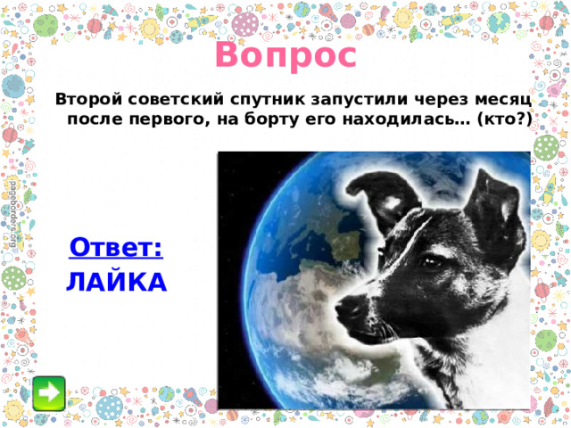 Вопрос Второй советский спутник запустили через месяц после первого, на борту его находилась… (кто?) Ответ: ЛАЙКА 