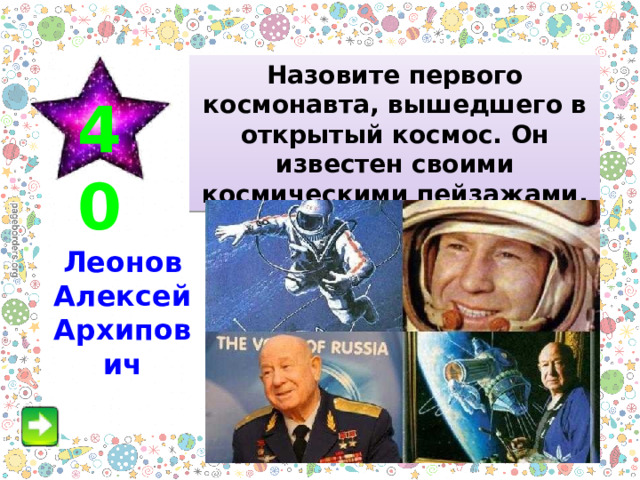 Назовите первого космонавта, вышедшего в открытый космос. Он известен своими космическими пейзажами. 40 Леонов Алексей Архипович 