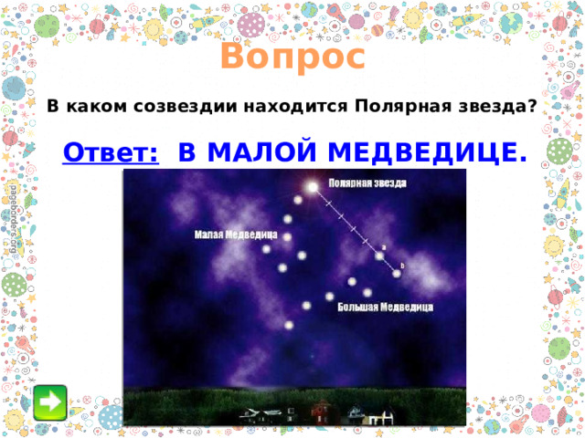 Вопрос В каком созвездии находится Полярная звезда? Ответ: В МАЛОЙ МЕДВЕДИЦЕ. 