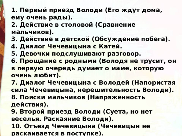 1. Первый приезд Володи (Его ждут дома, ему очень рады). 2. Действие в столовой (Сравнение мальчиков). 3. Действие в детской (Обсуждение побега). 4. Диалог Чечевицына с Катей. 5. Девочки подслушивают разговор. 6. Прощание с родными (Володя не трусит, он в первую очередь думает о маме, которую очень любит). 7. Диалог Чечевицына с Володей (Напористая сила Чечевицына, нерешительность Володи). 8. Поиски мальчиков (Напряженность действия). 9. Второй приезд Володи (Суета, но нет веселья. Раскаяние Володи). 10. Отъезд Чечевицына (Чечевицын не раскаивается в поступке). 