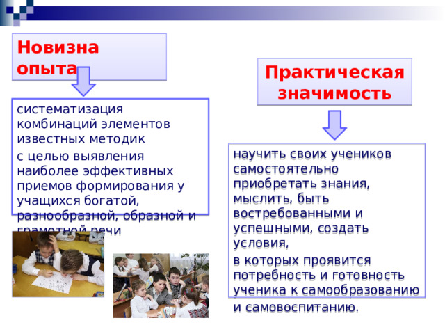 Новизна опыта Практическая значимость систематизация комбинаций элементов известных методик с целью выявления наиболее эффективных приемов формирования у учащихся богатой, разнообразной, образной и грамотной речи научить своих учеников самостоятельно приобретать знания, мыслить, быть востребованными и успешными, создать условия, в которых проявится потребность и готовность ученика к самообразованию и самовоспитанию. 
