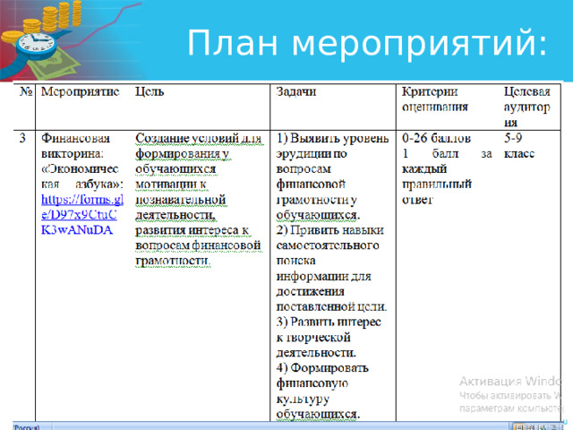 План мероприятий: 