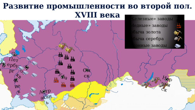 Развитие промышленности во второй пол. XVIII века Москва Киев Рига С.-Петербург Астрахань Уфа Нерчинск «Железные» заводы «Медные» заводы Добыча золота Добыча серебра Суконные заводы Омск 