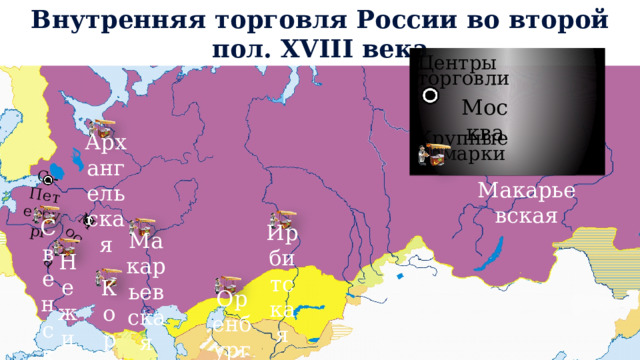 Внутренняя торговля России во второй пол. XVIII века Москва С.-Петербург Центры торговли Крупные ярмарки Москва Архангельская Макарьевская Свенская Ирбитская Макарьевская Нежинская Коренная Оренбургская 