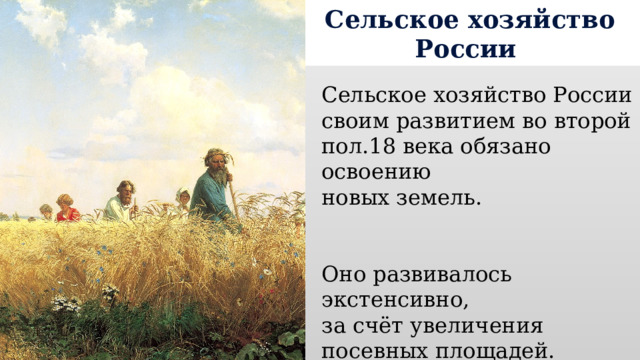 Сельское хозяйство России Сельское хозяйство России своим развитием во второй пол.18 века обязано освоению новых земель. Оно развивалось экстенсивно, за счёт увеличения посевных площадей. 