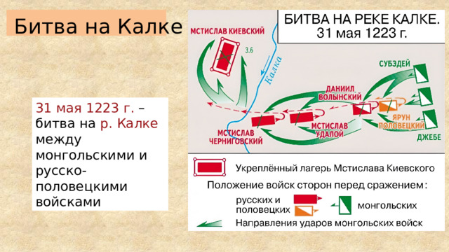 Битва на Калке 31 мая 1223 г. – битва на р. Калке между монгольскими и русско-половецкими войсками  