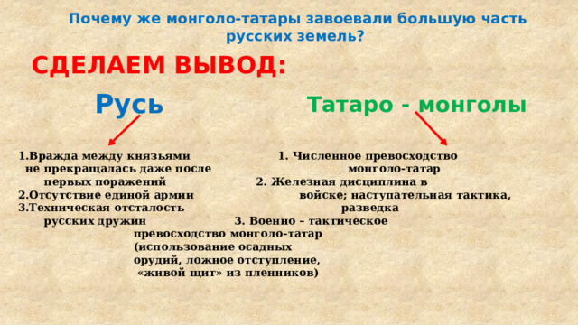Почему же монголо-татары завоевали большую часть русских земель? СДЕЛАЕМ ВЫВОД: Русь Татаро - монголы 1.Вражда между князьями  1. Численное превосходство  не прекращалась даже после  монголо-татар  первых поражений  2. Железная дисциплина в 2.Отсутствие единой армии  войске; наступательная тактика, 3.Техническая отсталость  разведка  русских дружин  3. Военно – тактическое   превосходство монголо-татар   (использование осадных   орудий, ложное отступление,   «живой щит» из пленников) 