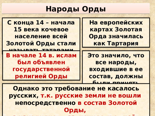 Народы Орды С конца 14 – начала 15 века кочевое население всей Золотой Орды стали называть татарами На европейских картах Золотая Орда значилась как Тартария В начале 14 в. ислам был объявлен государственной религией Орды Это значило, что все народы, входившие в ее состав, должны были принять ислам Однако это требование не касалось русских, т.к. русские земли не вошли непосредственно в состав Золотой Орды, а находились в зависимости от неё 