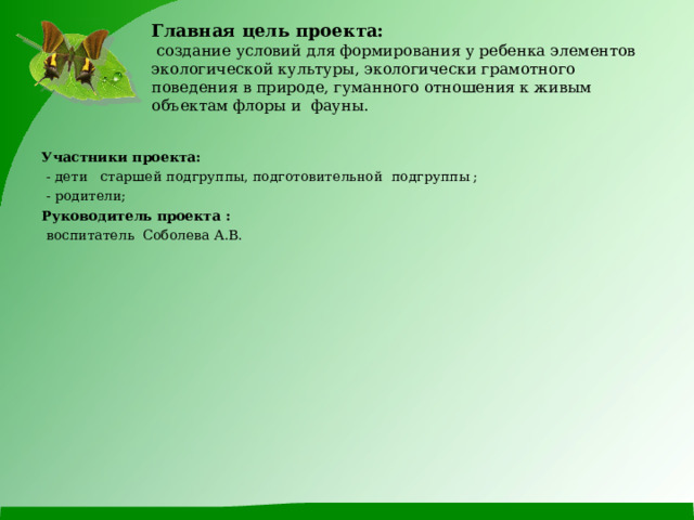 Главная цель проекта:  создание условий для формирования у ребенка элементов экологической культуры, экологически грамотного поведения в природе, гуманного отношения к живым объектам флоры и фауны. Участники проекта:  - дети старшей подгруппы, подготовительной подгруппы ;  - родители; Руководитель проекта :  воспитатель Соболева А.В. 