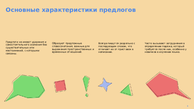 Основные характеристики предлогов  Предлоги не имеют ударения и самостоятельного значения без существительных или местоимений, с которыми связаны. Образуют предложные словосочетания, важные для выражения пространственных и временных отношений. Всегда пишутся раздельно с последующим словом, что отличает их от приставок в написании. Часто вызывают затруднения в определении падежа, который требуется после них, особенно у новичков в изучении языка. 3  