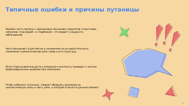 Типичные ошибки и причины путаницы  Ошибки часто связаны с одинаковым звучанием предлогов и приставок, например «под водой» и «подбежал», что вводит учащихся в заблуждение. Часто возникают в диктантах и сочинениях из-за недостаточного понимания грамматической роли слова и его структуры. Отсутствие внимательности к вопросам и контексту приводит к частым орфографическим ошибкам при написании. Чтобы избежать путаницы, следует обращать внимание на синтаксическую связь и часть речи, к которой относится данный элемент. 6  