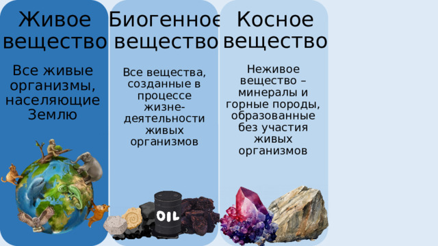 Косное вещество Биогенное вещество Живое вещество Все живые организмы, населяющие Землю Неживое вещество – минералы и горные породы, образованные без участия живых организмов Все вещества, созданные в процессе жизне-деятельности живых организмов Биокосное вещество Продукт взаимодействия живых организмов с неживой природой 