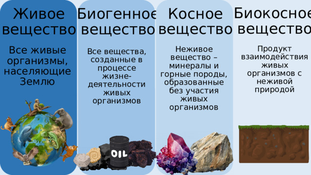 Биокосное вещество Косное вещество Биогенное вещество Живое вещество Продукт взаимодействия живых организмов с неживой природой Неживое вещество – минералы и горные породы, образованные без участия живых организмов Все живые организмы, населяющие Землю Все вещества, созданные в процессе жизне-деятельности живых организмов 