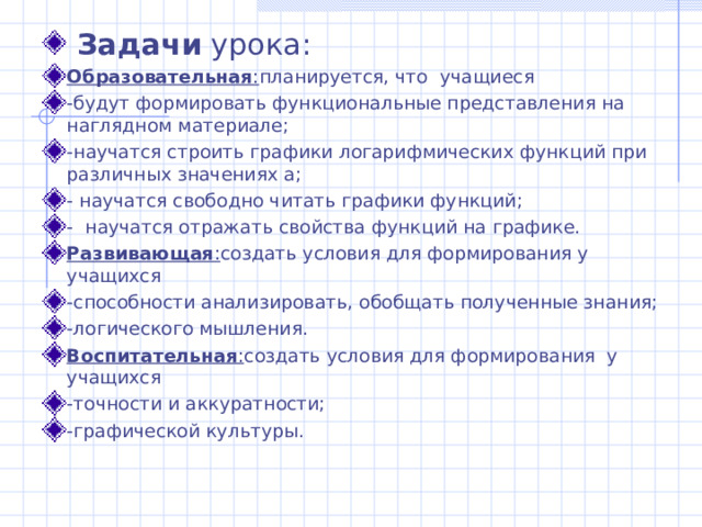  Задачи урока: Образовательная : планируется, что учащиеся -будут формировать функциональные представления на наглядном материале; -научатся строить графики логарифмических функций при различных значениях a ; - научатся свободно читать графики функций; - научатся отражать свойства функций на графике. Развивающая : создать условия для формирования у учащихся -способности анализировать, обобщать полученные знания; -логического мышления. Воспитательная : создать условия для формирования у учащихся -точности и аккуратности; -графической культуры.  