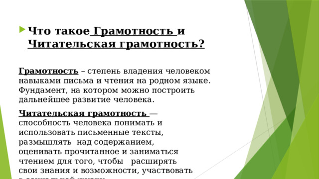 Что такое Грамотность и Читательская грамотность?  Грамотность – степень владения человеком навыками письма и чтения на родном языке. Фундамент, на котором можно построить дальнейшее развитие человека. Читательская грамотность ― способность человека понимать и использовать письменные тексты, размышлять над содержанием, оценивать прочитанное и заниматься чтением для того, чтобы расширять свои знания и возможности, участвовать в социальной жизни. 