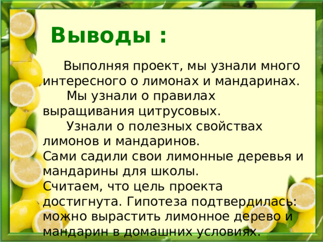 Выводы :  Выполняя проект, мы узнали много интересного о лимонах и мандаринах.  Мы узнали о правилах выращивания цитрусовых.  Узнали о полезных свойствах лимонов и мандаринов. Сами садили свои лимонные деревья и мандарины для школы. Считаем, что цель проекта достигнута. Гипотеза подтвердилась: можно вырастить лимонное дерево и мандарин в домашних условиях. 