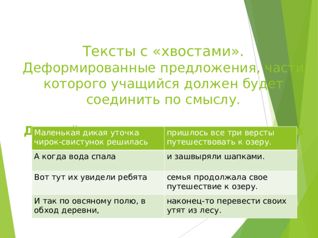   Тексты с «хвостами».  Деформированные предложения, части которого учащийся должен будет соединить по смыслу.   Данный прием учит ориентироваться в тексте, формирует зрительную и логическую память.   Маленькая дикая уточка чирок-свистунок решилась  А когда вода спала пришлось все три версты путешествовать к озеру. Вот тут их увидели ребята и зашвыряли шапками. семья продолжала свое путешествие к озеру. И так по овсяному полю, в обход деревни, наконец-то перевести своих утят из лесу. 