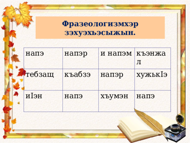 Фразеологизмхэр зэхуэхьэсыжын. напэ напэр тебзащ къабзэ и напэм и I эн къэнжал напэр напэ хужьк I э хъумэн напэ 