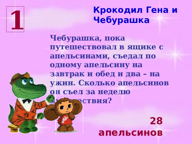 Крокодил Гена и Чебурашка 1 Чебурашка, пока путешествовал в ящике с апельсинами, съедал по одному апельсину на завтрак и обед и два – на ужин. Сколько апельсинов он съел за неделю путешествия? 28 апельсинов 