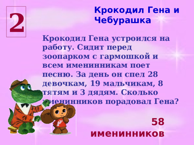 Крокодил Гена и Чебурашка 2 Крокодил Гена устроился на работу. Сидит перед зоопарком с гармошкой и всем именинникам поет песню. За день он спел 28 девочкам, 19 мальчикам, 8 тятям и 3 дядям. Сколько именинников порадовал Гена? 58 именинников 