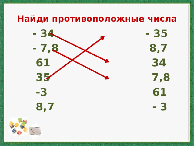 Найди противоположные числа  - 34 - 35  - 7,8 8,7  61 34  35 7,8  -3 61  8,7 - 3 