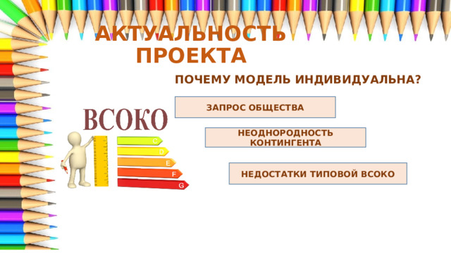 АКТУАЛЬНОСТЬ ПРОЕКТА ПОЧЕМУ МОДЕЛЬ ИНДИВИДУАЛЬНА? ЗАПРОС ОБЩЕСТВА НЕОДНОРОДНОСТЬ КОНТИНГЕНТА НЕДОСТАТКИ ТИПОВОЙ ВСОКО 