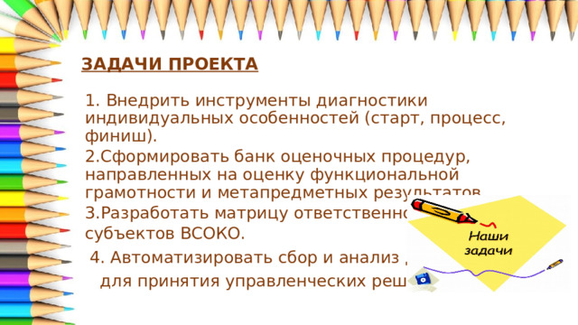 ЗАДАЧИ ПРОЕКТА 1. Внедрить инструменты диагностики индивидуальных особенностей (старт, процесс, финиш). 2.Сформировать банк оценочных процедур, направленных на оценку функциональной грамотности и метапредметных результатов. 3.Разработать матрицу ответственности субъектов ВСОКО.  4. Автоматизировать сбор и анализ данных  для принятия управленческих решений 