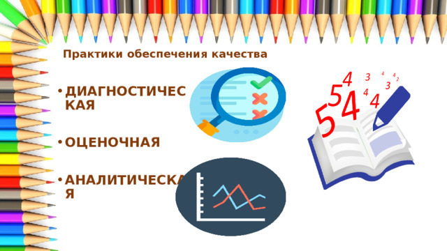 Практики обеспечения качества ДИАГНОСТИЧЕСКАЯ  ОЦЕНОЧНАЯ  АНАЛИТИЧЕСКАЯ 