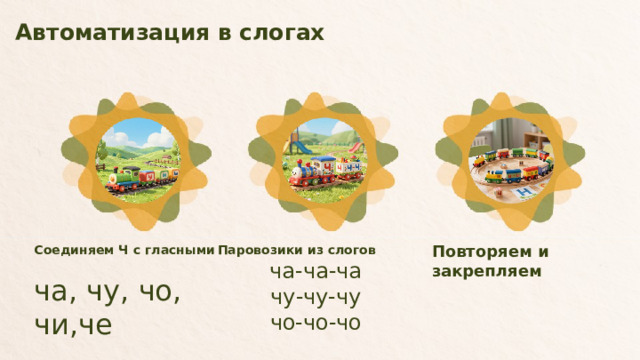 Автоматизация в слогах  Повторяем и закрепляем Соединяем Ч с гласными Паровозики из слогов ча-ча-ча чу-чу-чу ча, чу, чо, чи,че чо-чо-чо  