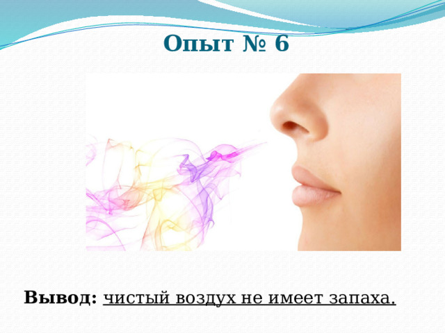 Опыт № 6      Вывод: чистый воздух не имеет запаха. 