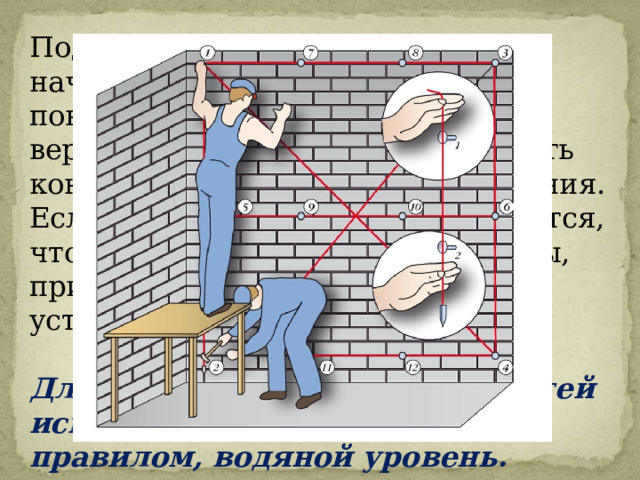 Подготовка поверхностей всегда начинается с провешивания поверхностей. Проверяют вертикальность и горизонтальность конструкций и выявляют отклонения. Если в процессе проверки выяснится, что отклонения превышают нормы, приведенные в СНиП, дефекты устраняют. Для провешивания поверхностей используют отвес, уровень с правилом, водяной уровень. 