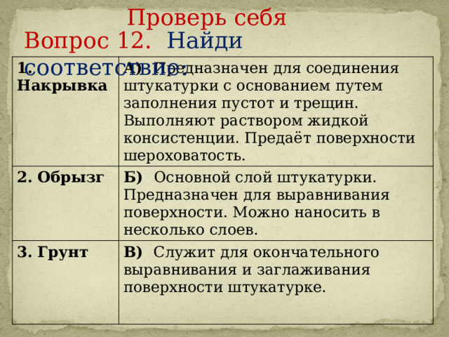 Проверь себя Вопрос 12. Найди соответствие:   1. Накрывка  А) Предназначен для соединения штукатурки с основанием путем заполнения пустот и трещин. Выполняют раствором жидкой консистенции. Предаёт поверхности шероховатость. 2. Обрызг  Б) Основной слой штукатурки. Предназначен для выравнивания поверхности. Можно наносить в несколько слоев. 3. Грунт  В) Служит для окончательного выравнивания и заглаживания поверхности штукатурке. 
