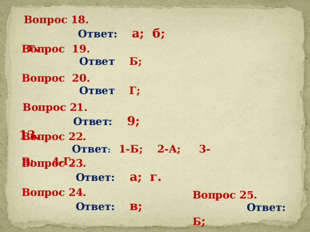 Вопрос 18.  Ответ: а; б; г. Вопрос 19.  Ответ Б; Вопрос 20.  Ответ Г;  Вопрос 21.  Ответ: 9; 13. Вопрос 22.  Ответ :  1-Б; 2-А; 3-В; 4-Г.   Вопрос 23.  Ответ: а; г. Вопрос 24.  Ответ: в; Вопрос 25.  Ответ: Б ; 