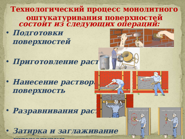 Технологический процесс монолитного оштукатуривания поверхностей состоит из следующих операций: Подготовки поверхностей  Приготовление раствора  Нанесение раствора на поверхность  Разравнивания раствора  Затирка и заглаживание штукатурки 