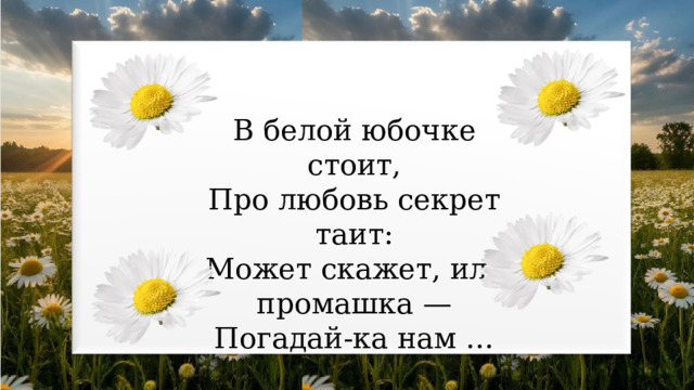В белой юбочке стоит,  Про любовь секрет таит:  Может скажет, иль промашка —  Погадай-ка нам … 