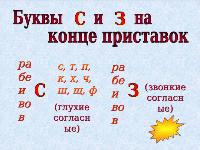 ра бе и во в ра бе и во в с, т, п, к, х, ч, ш, щ, ф (звонкие согласные) (глухие согласные) 