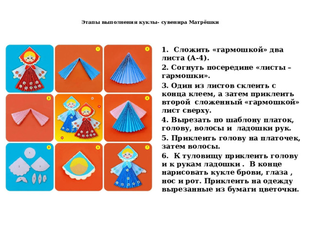  Этапы выполнения куклы- сувенира Матрёшки 1. Сложить «гармошкой» два листа (А-4). 2. Согнуть посередине «листы – гармошки». 3. Один из листов склеить с конца клеем, а затем приклеить второй сложенный «гармошкой» лист сверху. 4. Вырезать по шаблону платок, голову, волосы и ладошки рук. 5. Приклеить голову на платочек, затем волосы. 6. К туловищу приклеить голову и к рукам ладошки . В конце нарисовать кукле брови, глаза , нос и рот. Приклеить на одежду вырезанные из бумаги цветочки.  