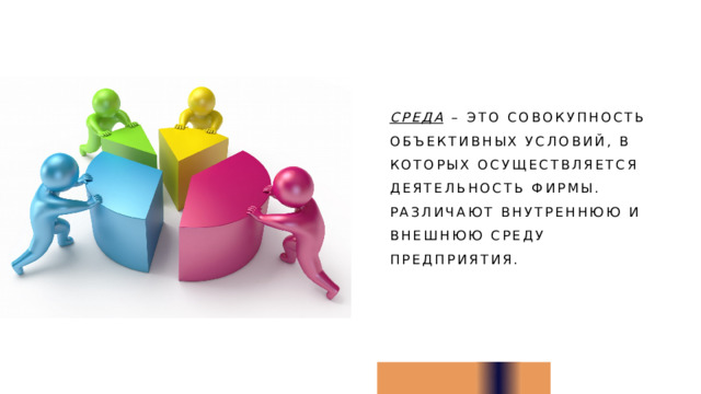 Среда – это совокупность объективных условий, в которых осуществляется деятельность фирмы. Различают внутреннюю и внешнюю среду предприятия. 1 