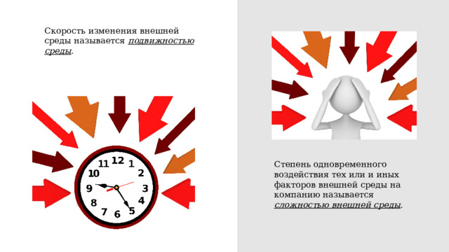 Скорость изменения внешней среды называется подвижностью среды . Степень одновременного воздействия тех или и иных факторов внешней среды на компанию называется сложностью внешней среды . 5 